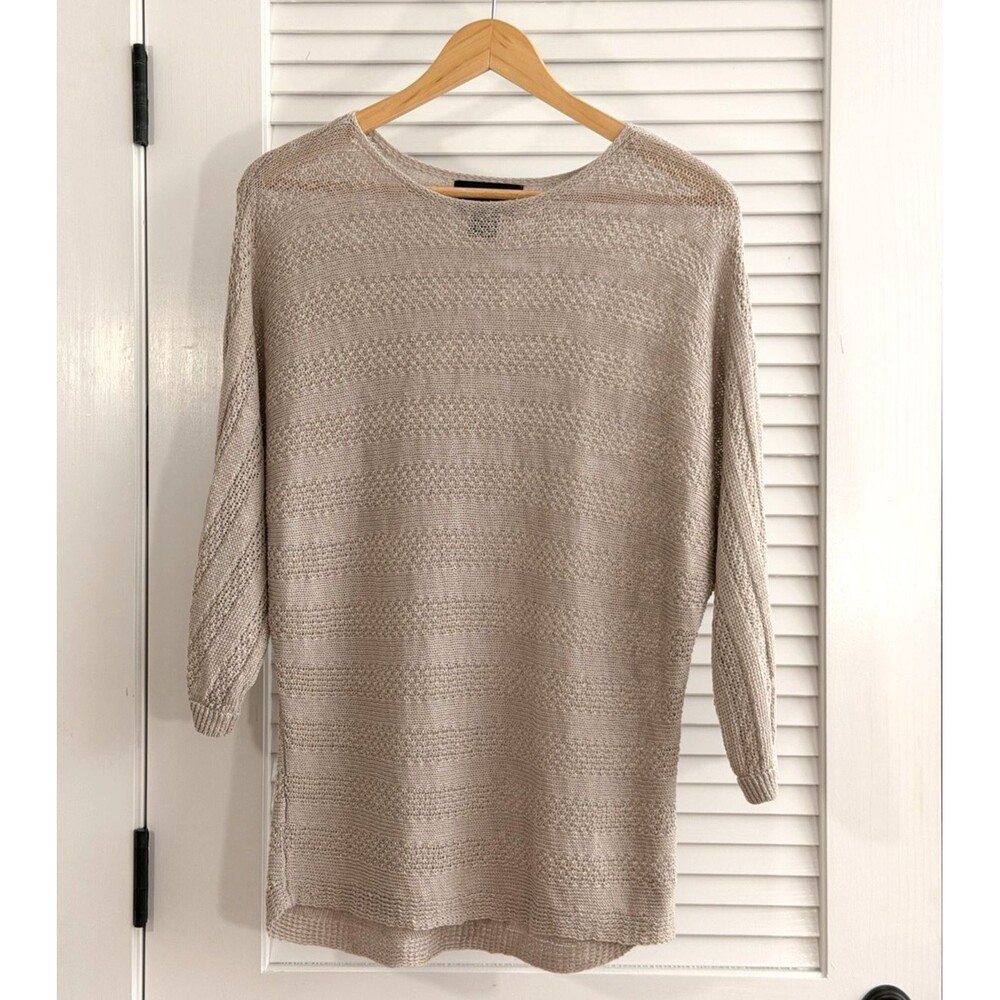 Tahari Women’s M 100% Linen Open Knit Sweater Tunic Beige Dolman Sleeve